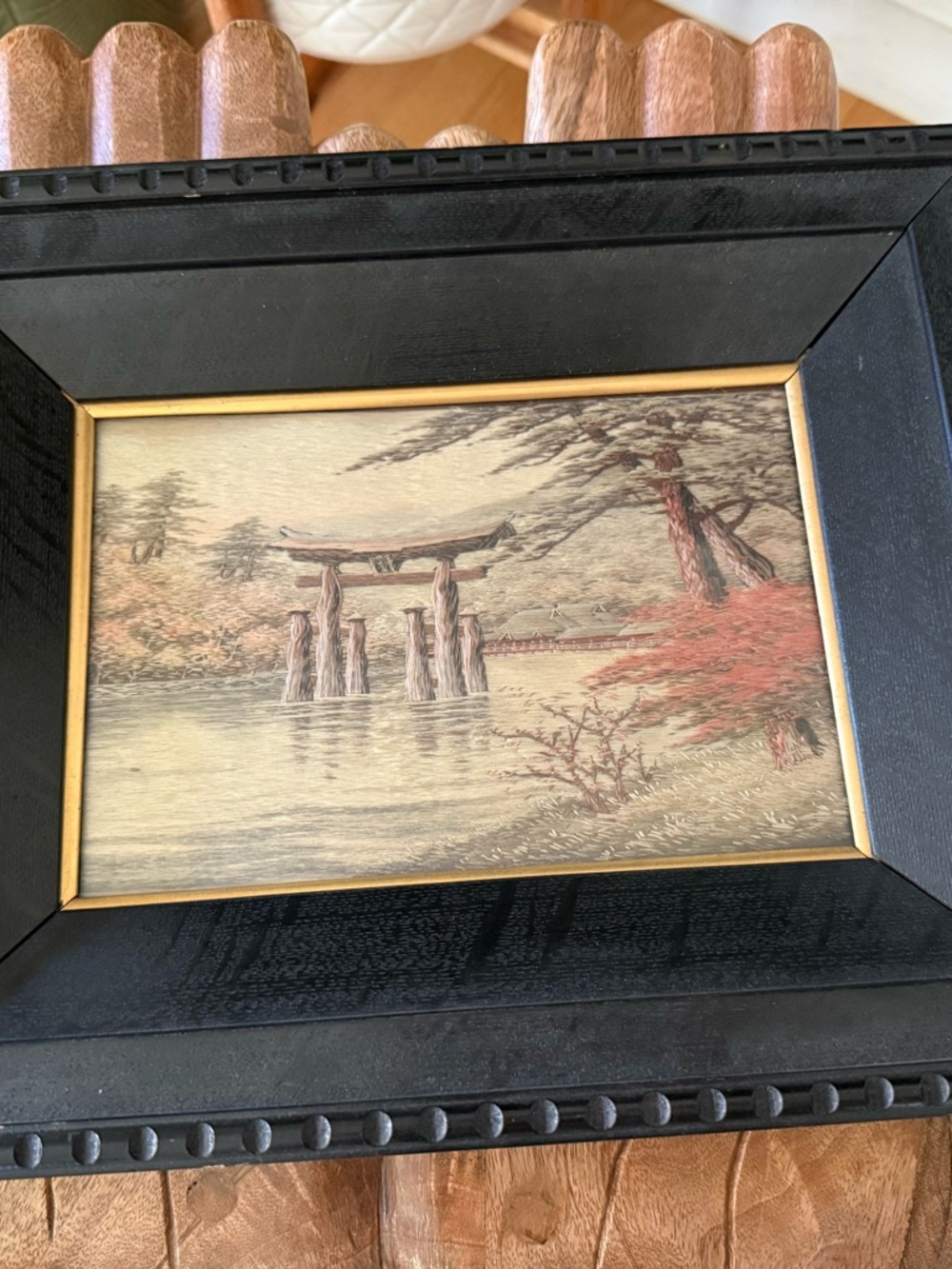 Framed Japanese Torii Landscape Artwork in Black & Gold Frame
